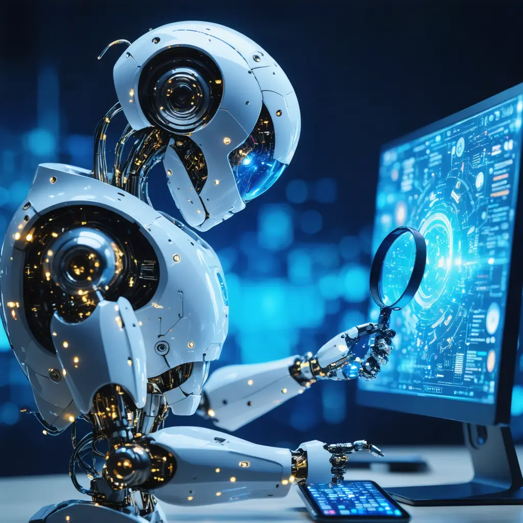 A humanoid robot with a magnifying glass looking at a smartphone and a computer monitor, digital art