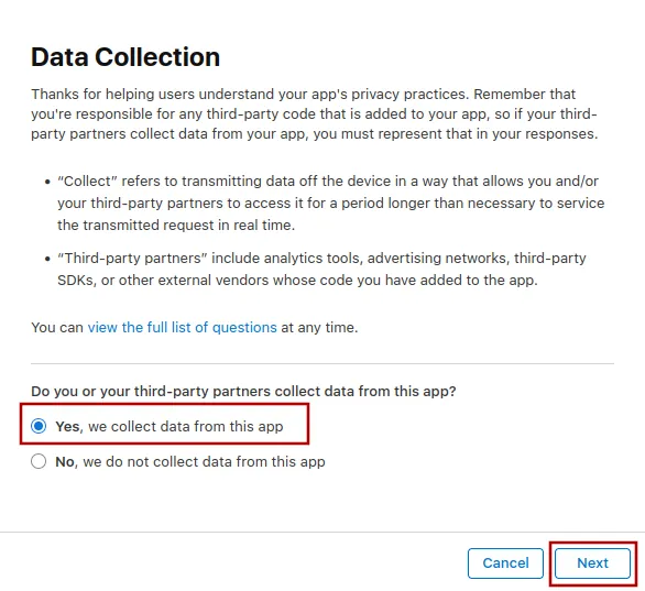 A screenshot of the first page of the privacy questionnaire dialog.